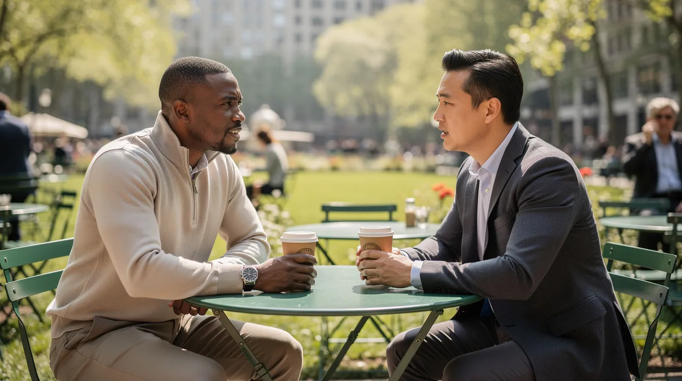 The image captures two handsome men in their 30s to 40s seated at a green metal café table in Bryant Park, engaged in a relaxed conversation over coffee. One is a Black man in a stylish quarter-zip pullover, and the other is an East Asian American man in a tailored blazer, both embodying a sense of genuine friendship and professional success in a bright, natural setting.