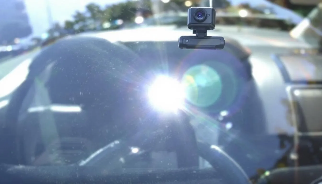 A close-up image of a dash camera mounted on a semi-truck windshield, capturing the view of the road ahead. This device is essential for documenting truck accidents and can be a valuable tool for truck accident attorneys in legal cases.