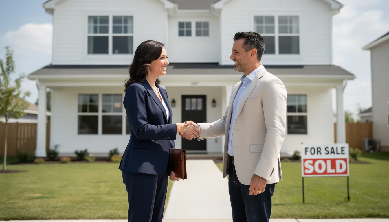Two real estate professionals are shaking hands in front of a residential property, symbolizing the successful completion of a probate transaction. This image highlights the collaboration between certified probate specialists and real estate agents in navigating the probate process for clients.