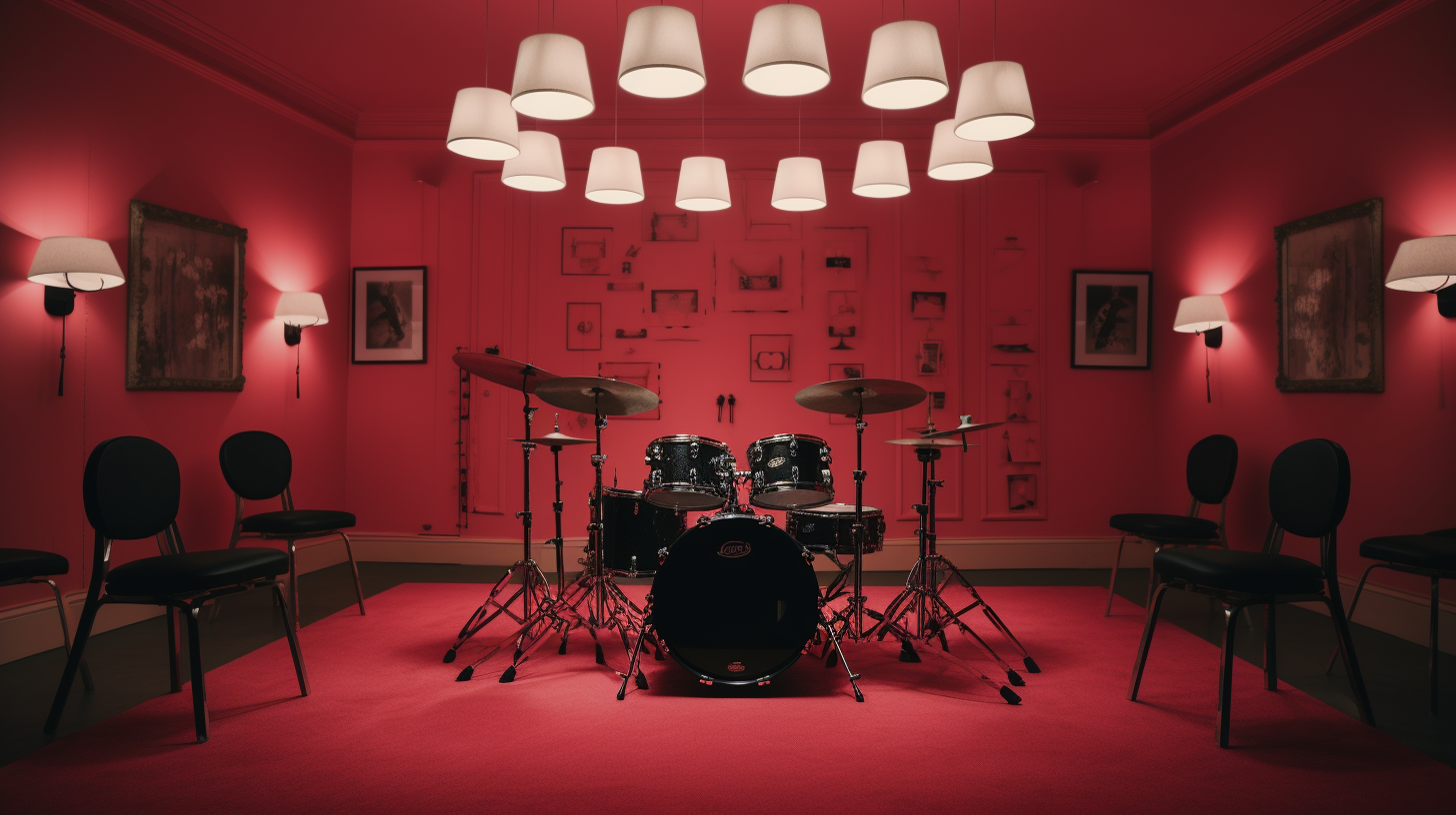 A drum kit in a red room