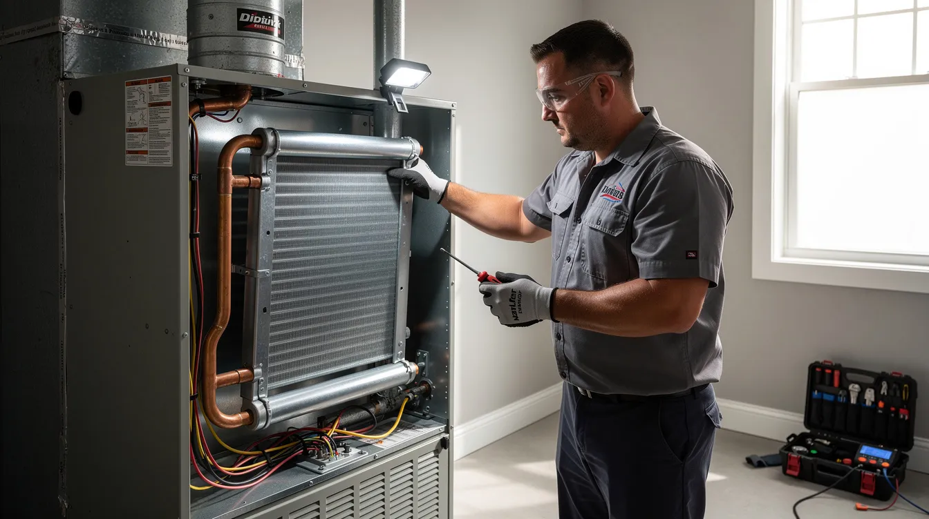 An HVAC technician is seen installing a new evaporator coil inside a residential air handler unit, which is essential for maintaining the efficiency of the air conditioning system. This process is crucial for ensuring proper airflow and temperature control within the home.