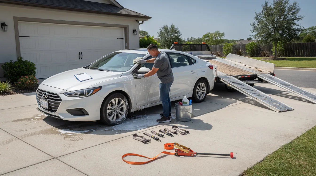 The image shows a person meticulously cleaning and preparing a car in a driveway for door to door auto transport. The scene captures the individual ensuring the vehicle is ready for safe shipping, highlighting the importance of vehicle preparation in the car shipping process.