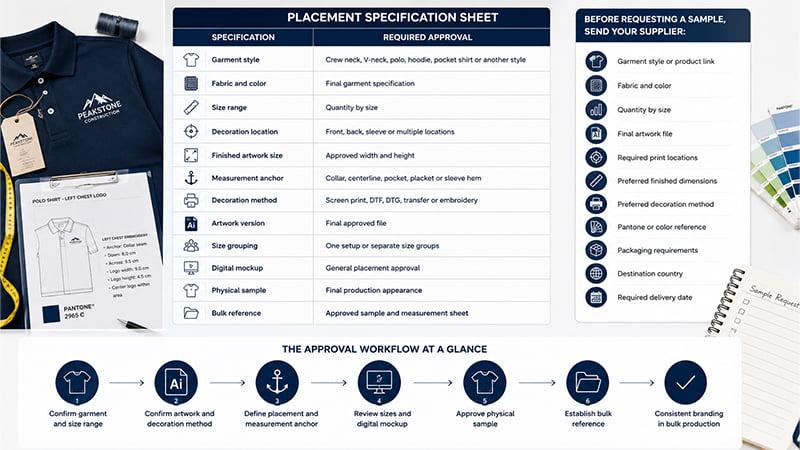 Apparel logo placement specification sheet and bulk production approval workflow