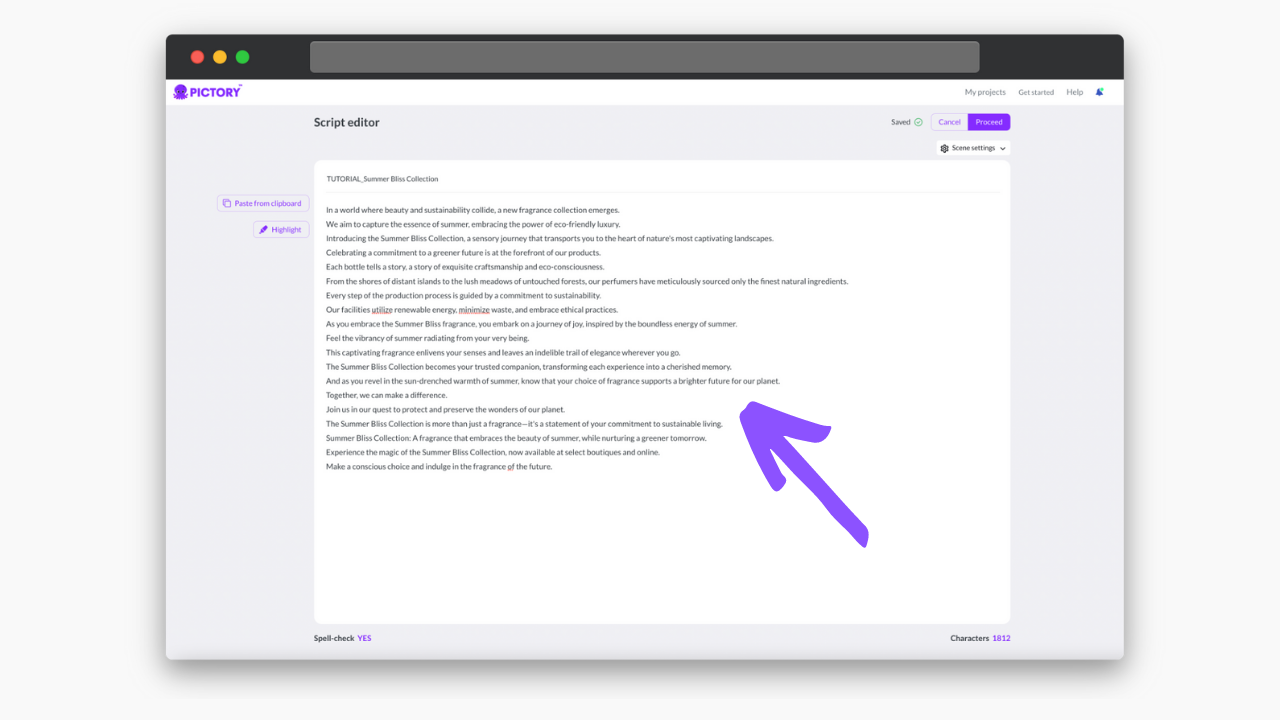 Pictorys script editor, video script, text to video