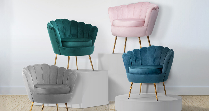 The full Artiss Callista Armchair collection in pink, green, blue and grey. The Callista chair has a clamshell design that replicates Hollywood glamour.