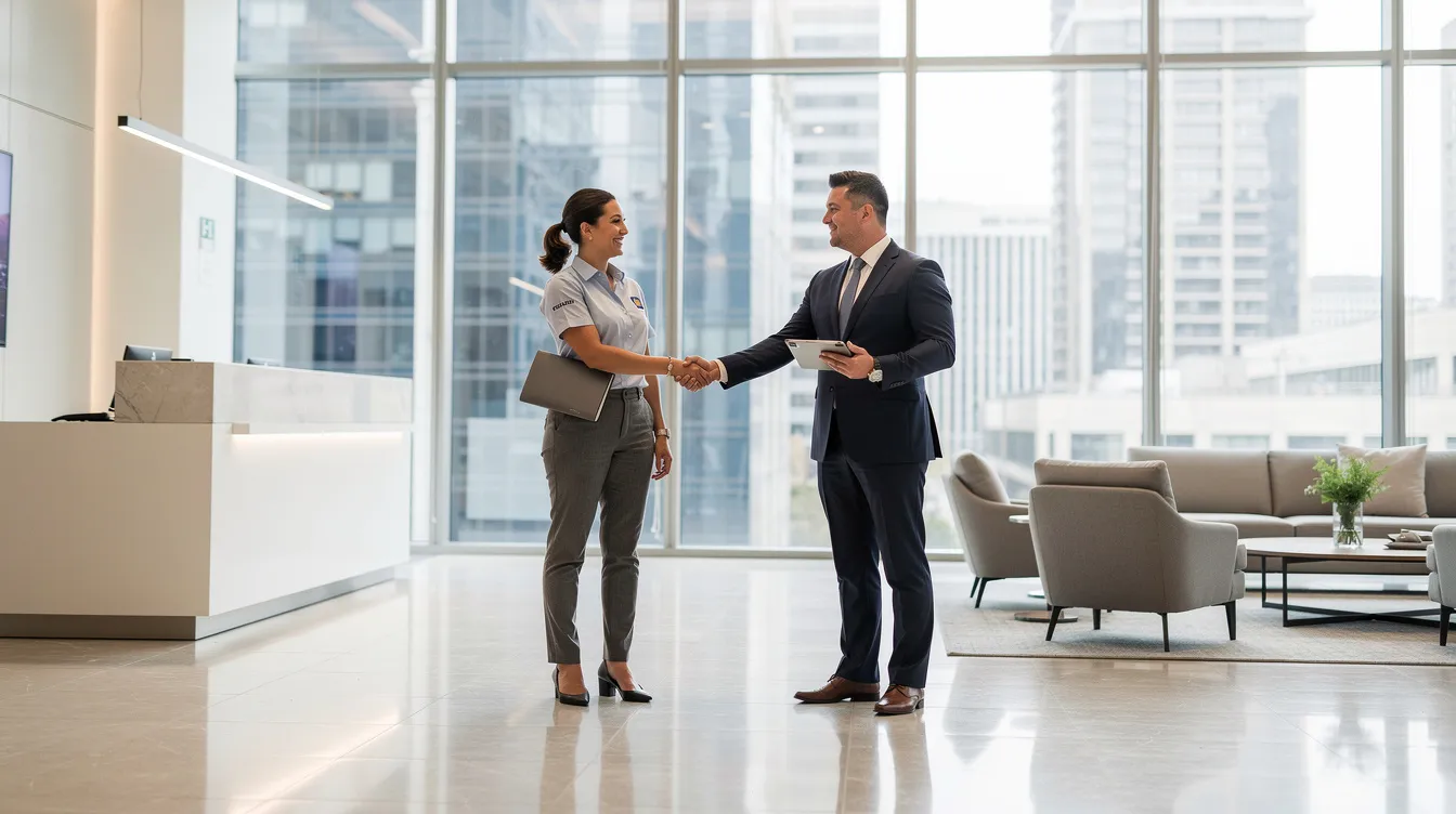 A franchise business owner is shaking hands with a commercial property manager in a modern office lobby, symbolizing a partnership in business services franchising. This moment reflects the collaboration and networking essential for successful business opportunities within the franchise community.