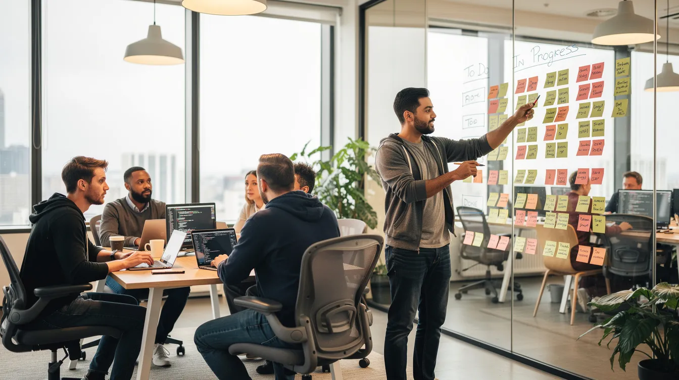 Developer team organizing a project with sticky notes.