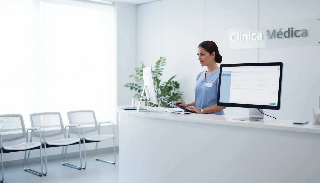 Una recepcionista en una clínica moderna está verificando información en una computadora de escritorio, mientras observa la pantalla con atención y utiliza el ratón para hacer clic en los datos necesarios. El entorno es luminoso y bien organizado, reflejando un enfoque en la privacidad y el servicio al paciente.