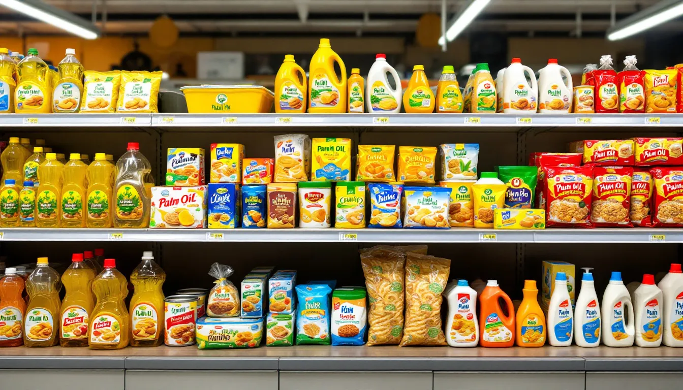 The image shows supermarket shelves filled with various palm oil products, including cooking oils and food items, highlighting the versatility of palm oil and its significance in everyday consumption. These products may include crude palm oil, palm kernel oil, and sustainably sourced options, reflecting the global demand for vegetable oils.