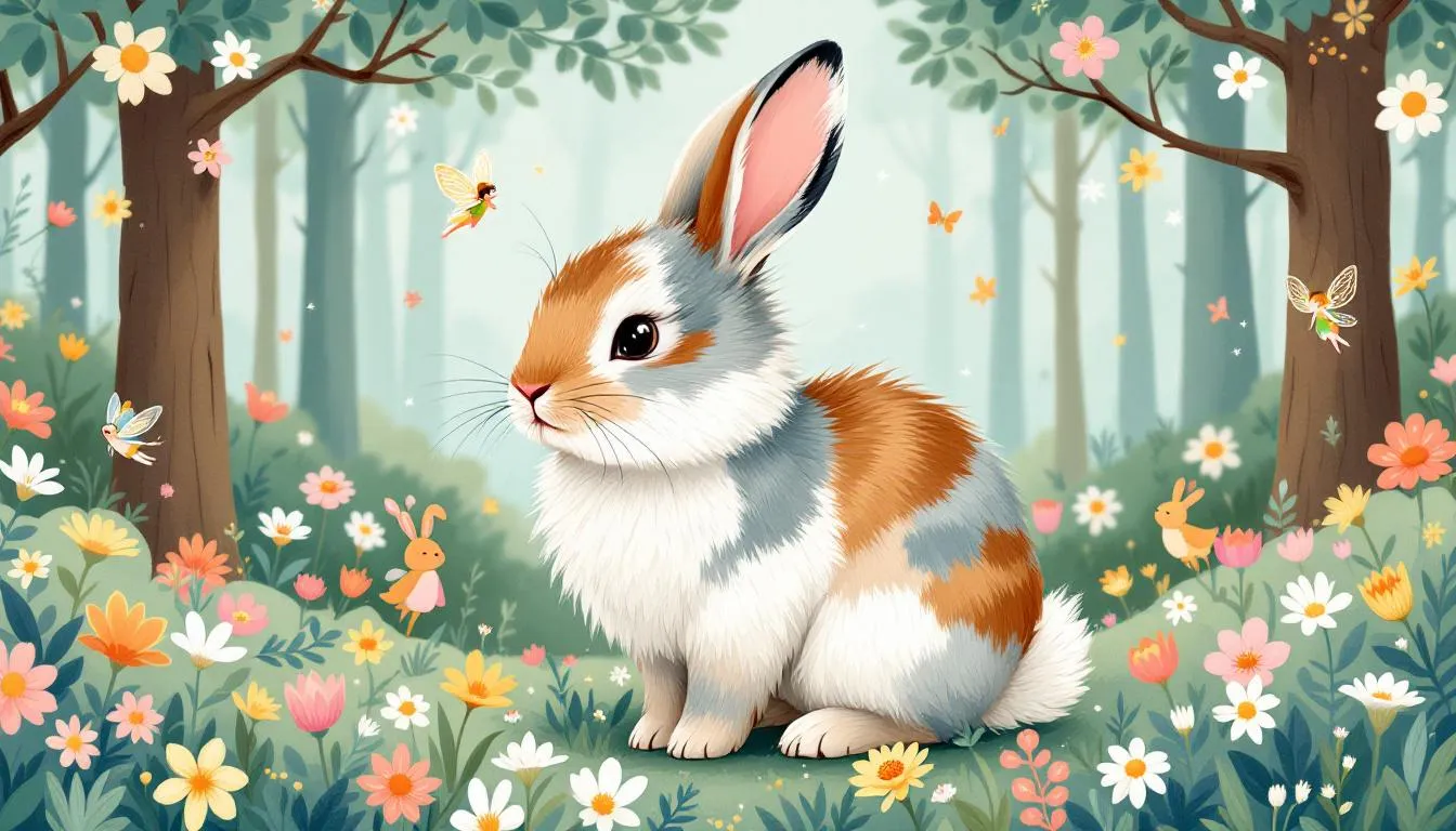 A rabbit showcasing various markings including white and agouti patterns.