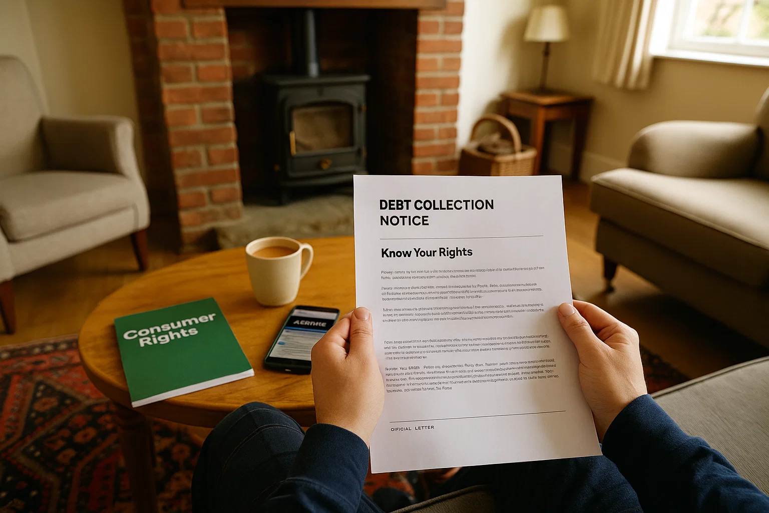Person in a UK living room reading a debt collection notice with a booklet on consumer rights and advice webpage open.