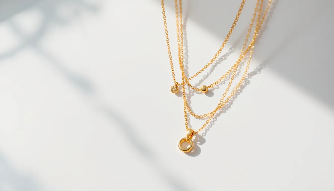 In the image, a collection of layered necklaces in gold tone is displayed, showcasing various lengths and styles that complement each other effortlessly. Each piece, including delicate chain necklaces and pendant necklaces, highlights exquisite craftsmanship and timeless elegance, perfect for any occasion.