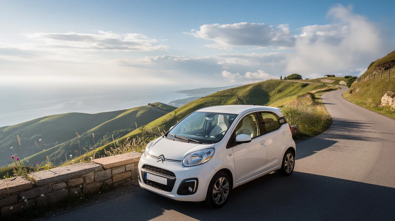 Compact white rental car on a mountain road overlooking green hills and the sea.