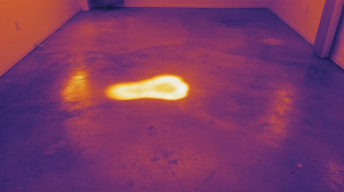 The infrared thermal image reveals a heat anomaly on a concrete floor within a residential home, indicating a potential leak that may require professional leak detection services. This could help homeowners in Arizona save money on their water bill by locating and repairing plumbing issues efficiently.