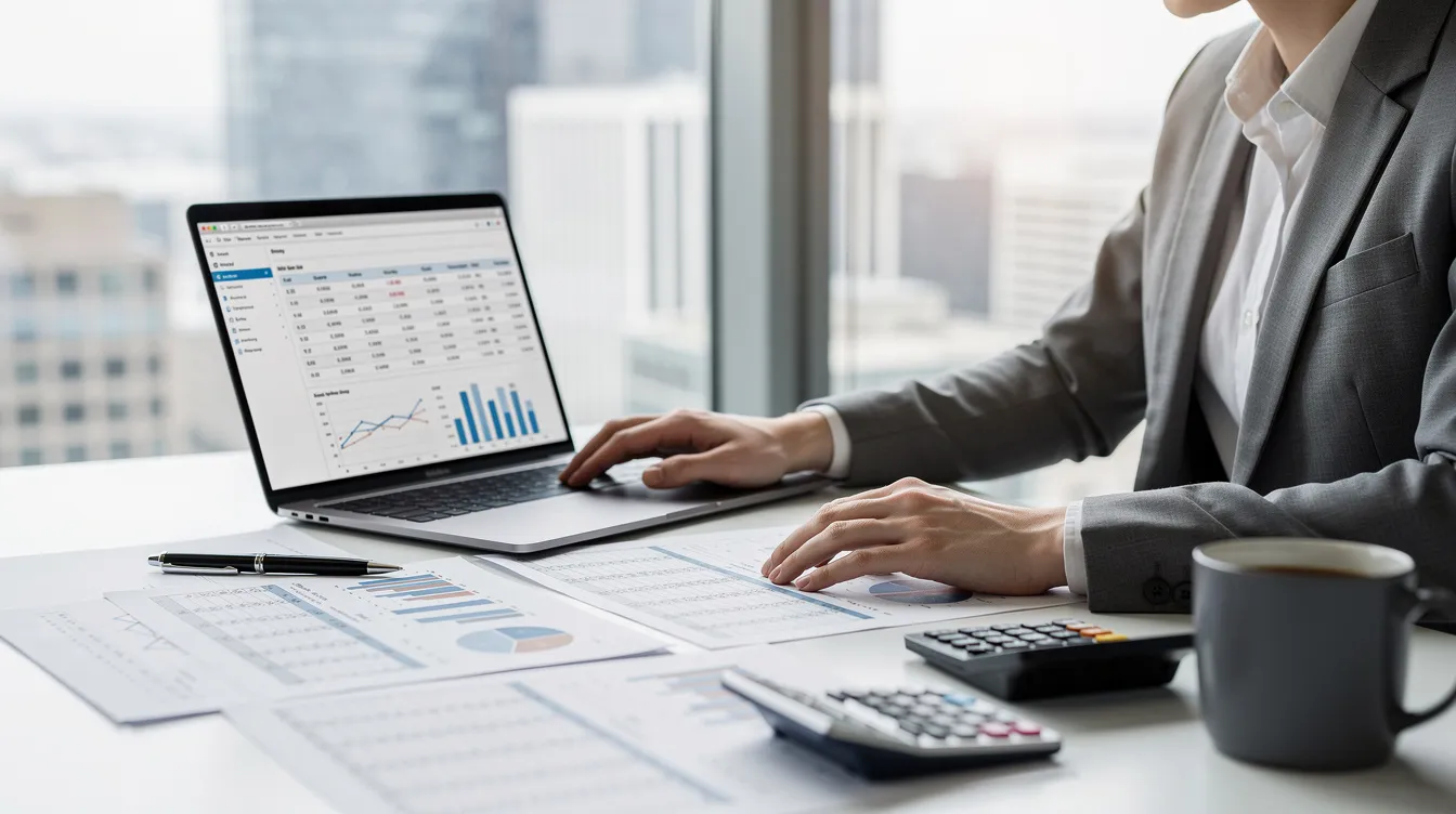 The image depicts a professional seated at a desk, surrounded by financial documents and a laptop displaying spreadsheets, likely analyzing data related to the global UHT milk market and its rising demand. The workspace reflects a focus on market growth and trends within the dairy processing industry.