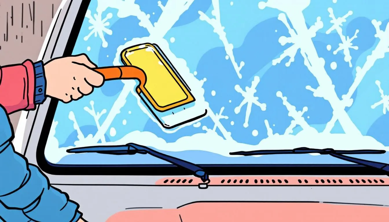 An ice scraper being used on a foggy windshield.