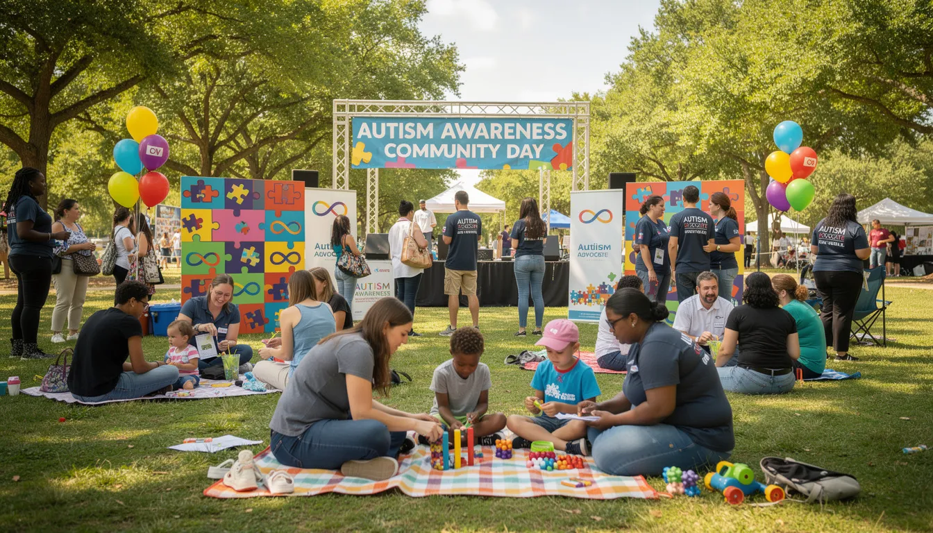 The image depicts a vibrant community autism awareness event held outdoors, where families and advocates gather to share resources and support. This event highlights the importance of ABA therapy services and community engagement in promoting understanding and acceptance of autism.