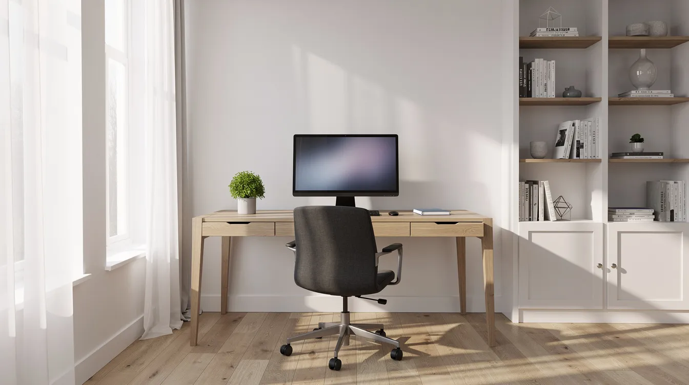 The image depicts a modern home office bathed in natural light, with large windows allowing sunlight to stream in without causing glare on the computer monitor. The space showcases a stylish and professional aesthetic, emphasizing the benefits of residential window film for energy efficiency and sun control.