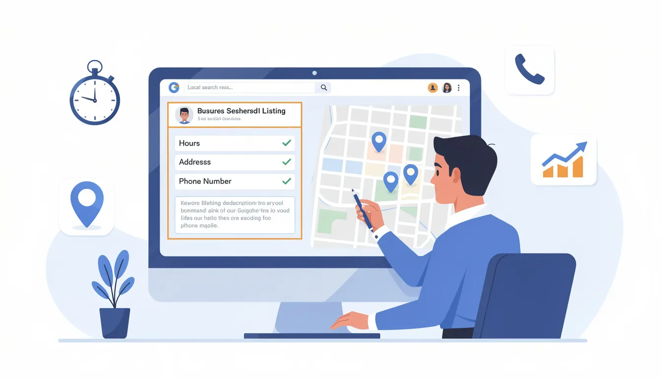 An informative graphic emphasizes the importance of keeping business information updated for better local search results on platforms like Google Maps. It highlights key strategies such as updating hours, address, and contact details to enhance customer trust and attract potential customers through positive reviews and compelling descriptions.