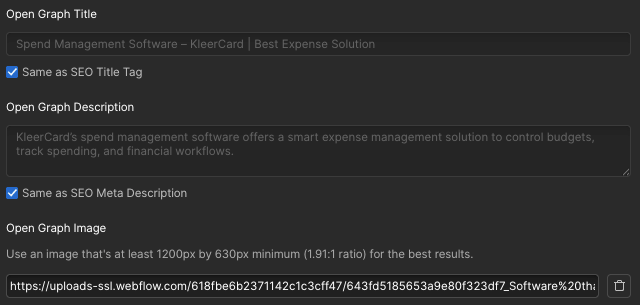 Webflow Open Graph settings showing title and description synced with SEO fields and an Open Graph image URL for social media sharing.