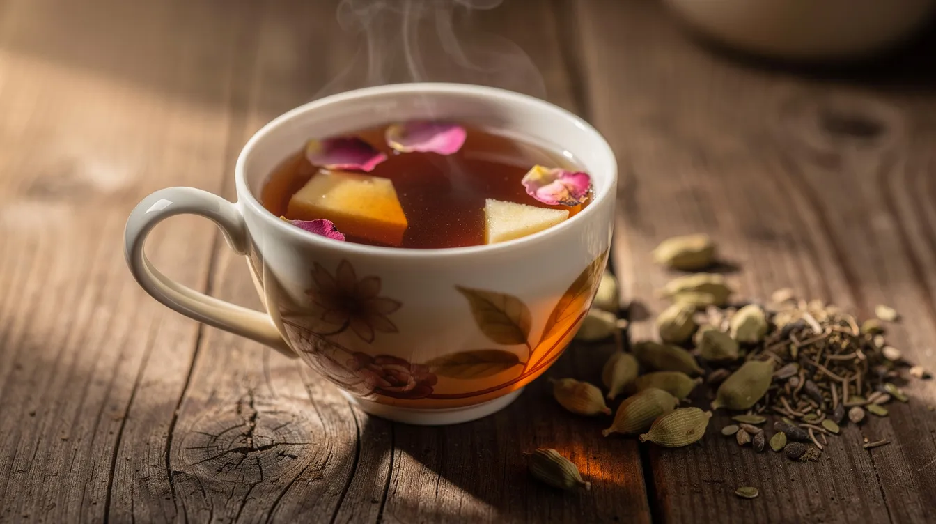 Filiżanka herbaty pu-erh z kawałkami jabłka i płatkami róży, obok nasiona kardamonu