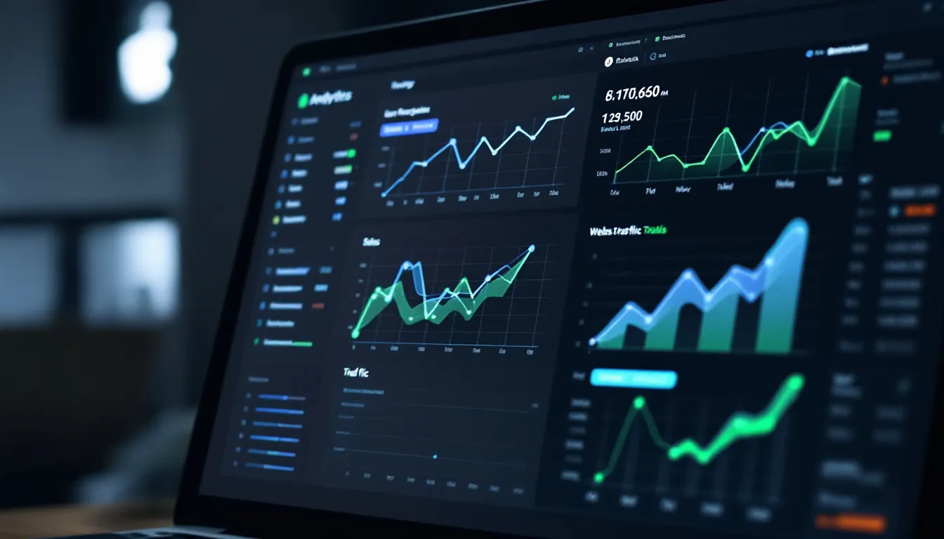 Imaginea prezintă un ecran de computer cu un tablou de bord analitic plin de grafice în creștere, indicând metrici de performanță pozitive. Această imagine reprezintă aspecte cruciale ale optimizării pentru motoarele de căutare (SEO) și marketingului digital, evidențiind date care ajută la îmbunătățirea pozițiilor în motoarele de căutare și a traficului organic.