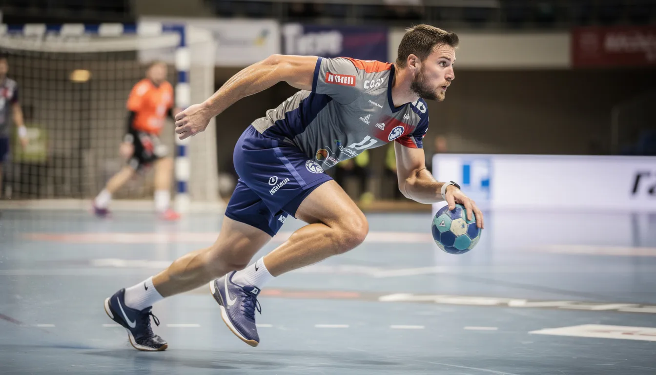 Ein Handballspieler führt einen explosiven Antritt mit tiefem Körperschwerpunkt aus, um seine Schnelligkeit und Wurfkraft zu verbessern. Die Bewegung betont die Koordination und Stabilität, die entscheidend für den Erfolg im Handballspiel sind.
