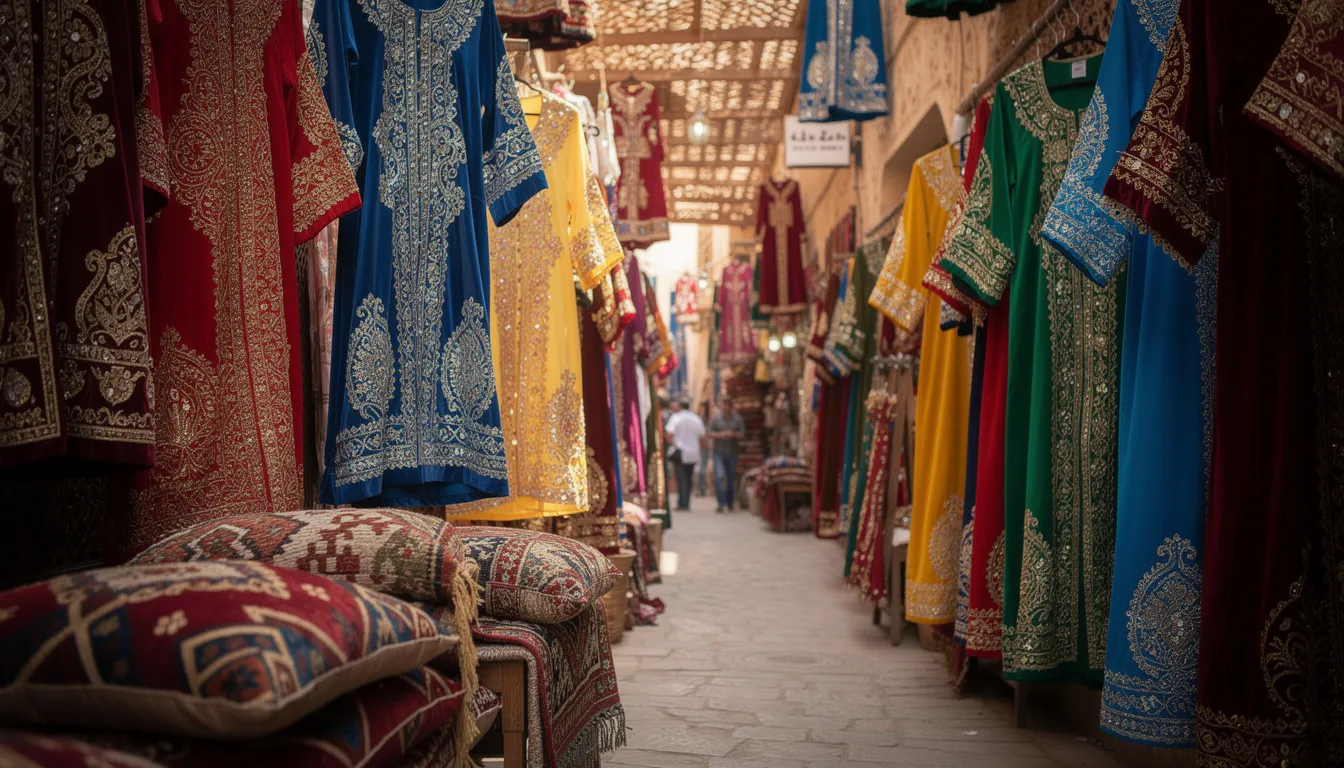 The image showcases a vibrant array of traditional Moroccan kaftans and textiles displayed in a bustling souk, highlighting the colorful patterns and lightweight fabrics ideal for female travelers. These flowy garments, perfect for staying cool under the strong sun, reflect the local culture and customs, providing inspiration for Morocco outfit choices.