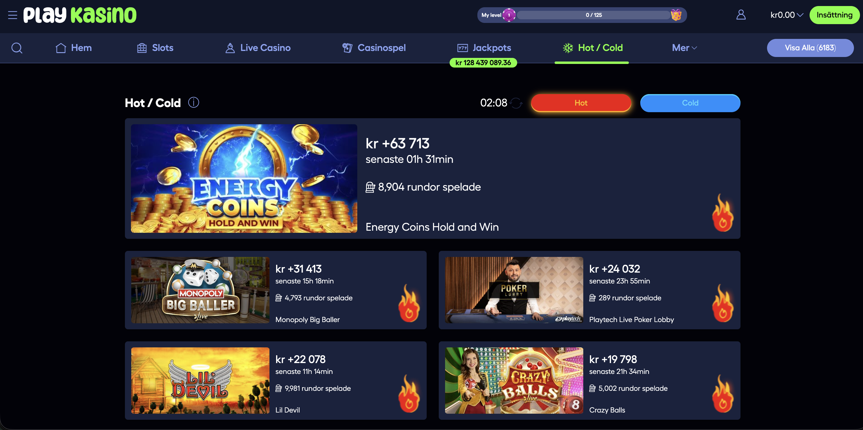 PlayKasino Hot Cold spelkategori med populära spel som Energy Coins och Crazy Balls – PlayKasino recension