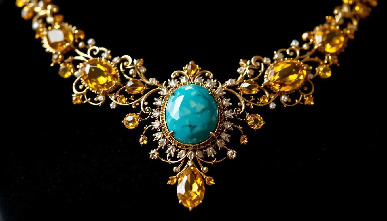 A stunning gemstone necklace featuring various gemstones including turquoise and citrine.