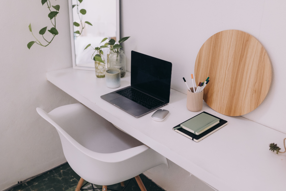 Illustration of a productive workspace integrated into a guest room.