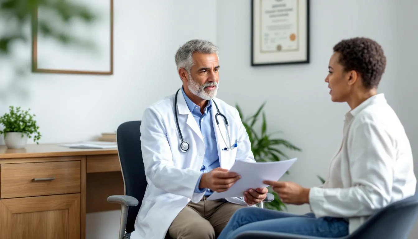In a medical office, a doctor is consulting with a patient about their digestive symptoms, discussing potential issues such as irritable bowel syndrome and inflammatory bowel disease. The conversation includes topics like abdominal pain, bowel habits, and the impact of certain foods on the patient's condition.