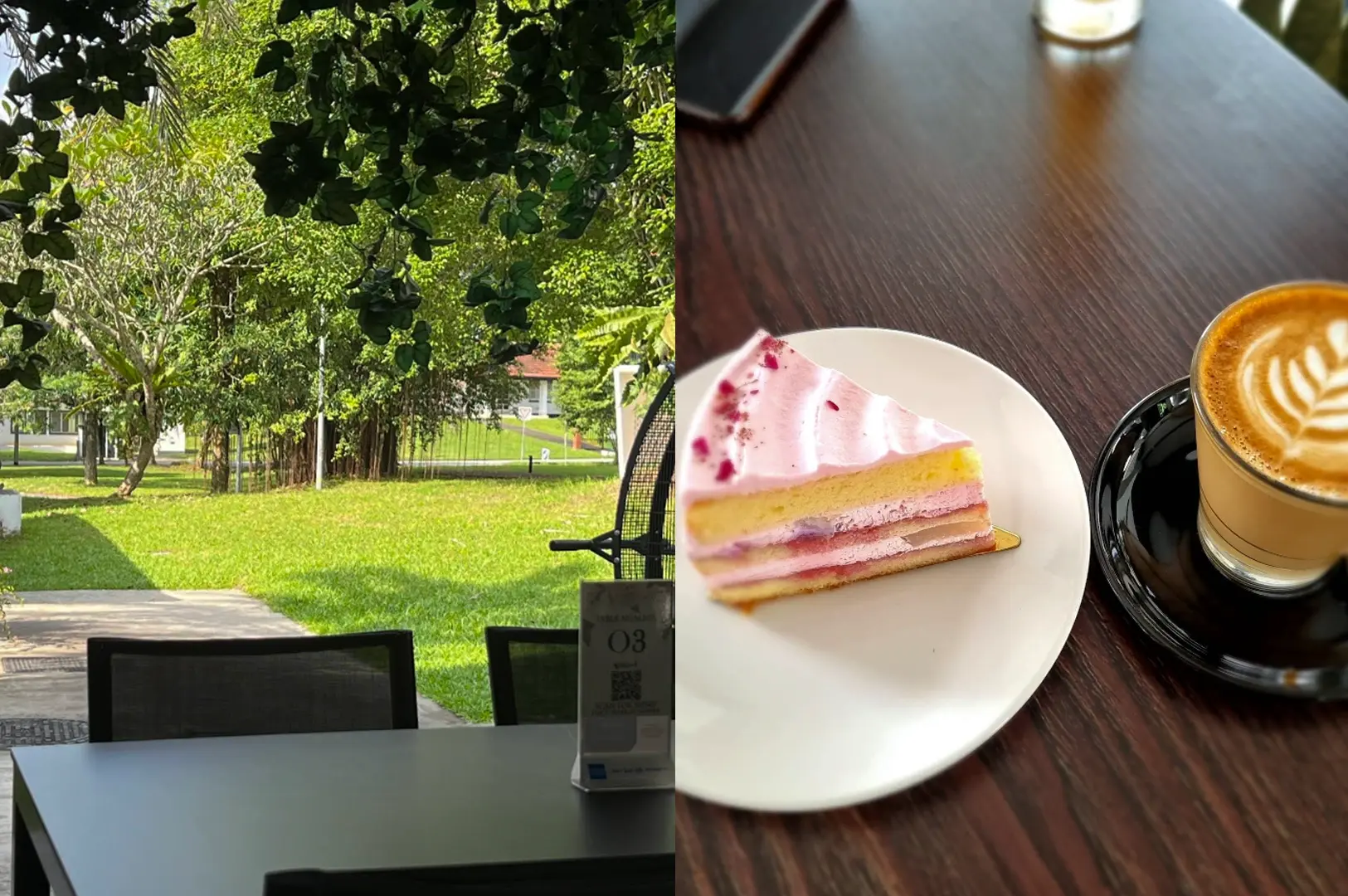 A split-screen composition contrasting an outdoor cafe view with a close-up food arrangement on a dark wooden table. The left side captures an empty outdoor dining table and black chairs overlooking a lush, sun-drenched green lawn bordered by mature trees and tropical foliage, shaded by hanging leaves overhead. The right side features a top-down close-up of a slice of layered cake on a white plate with pink frosting and dried flower petals, paired next to a hot latte in a clear glass on a black saucer, showcasing intricate white foam leaf latte art.