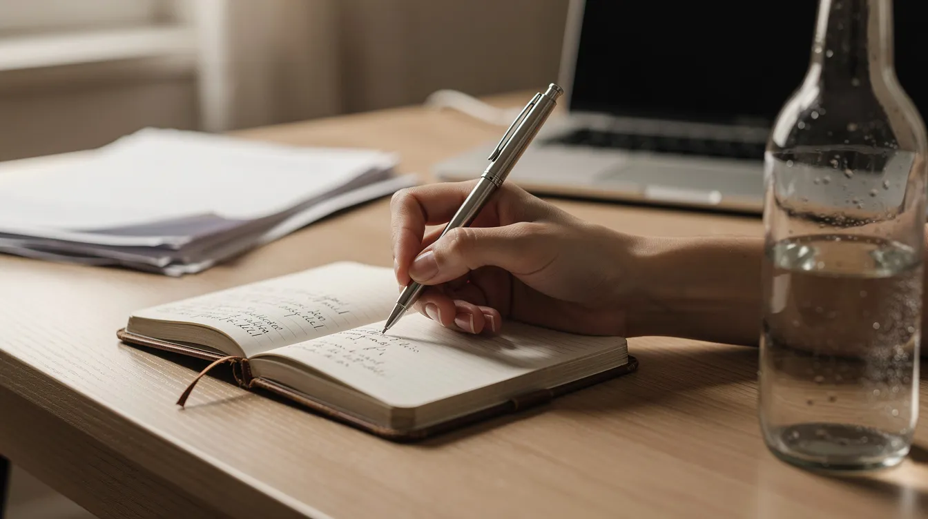 A person is seated at a tidy desk, writing notes in a small journal, with a bottle of CBD oil nearby. The scene suggests a focus on mental health and stress relief, possibly exploring the ideal CBD dosage for anxiety management.