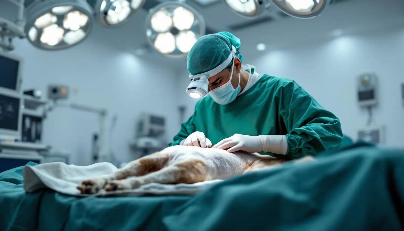 A veterinary surgeon is performing surgery on a dog in a sterile operating room, focusing on the removal of a canine mast cell tumor. The environment is equipped with surgical instruments and monitors, highlighting the precision and care involved in treating common skin tumors in dogs.