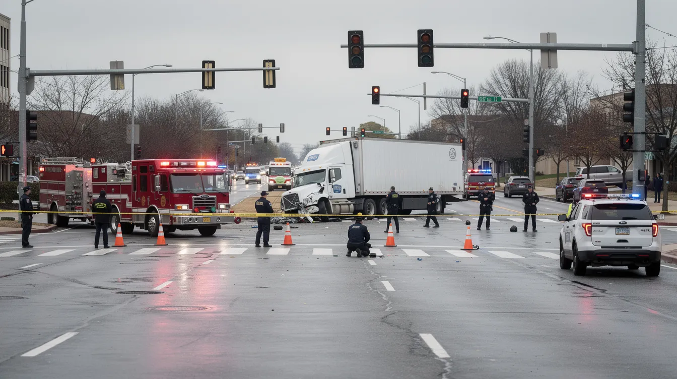 The image depicts a wide intersection where a large commercial truck has collided with another vehicle, surrounded by several emergency vehicles responding to the accident scene. This situation highlights the serious nature of truck accidents and the potential need for a Pasadena truck accident lawyer to assist victims in navigating their personal injury claims and recovering compensation for medical expenses and lost wages.