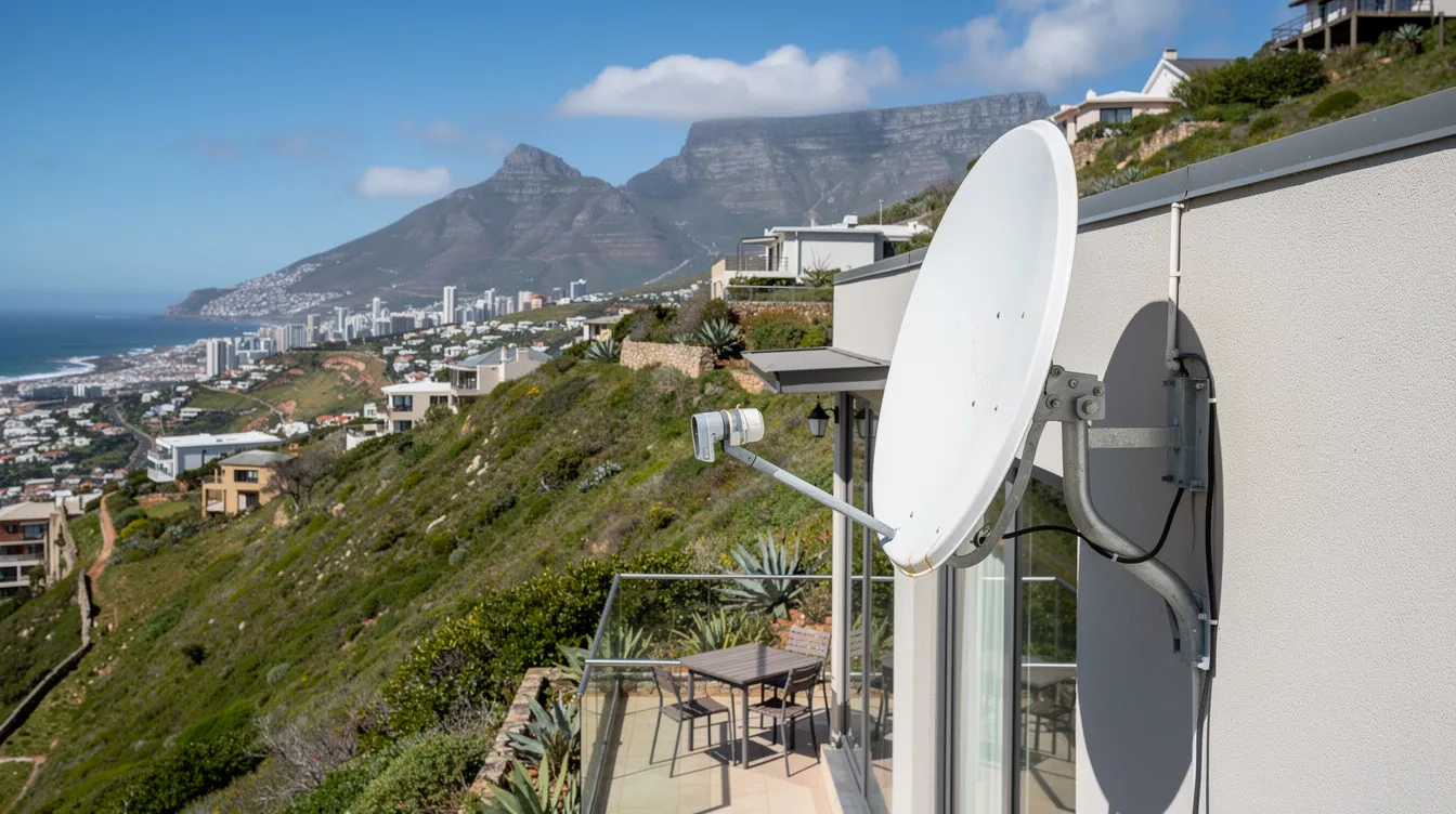 A satellite dish is prominently mounted on a hillside residential property in Cape Town, providing optimal signal reception for DSTV services. This installation exemplifies professional DSTV installation, ensuring reliable entertainment for the home.