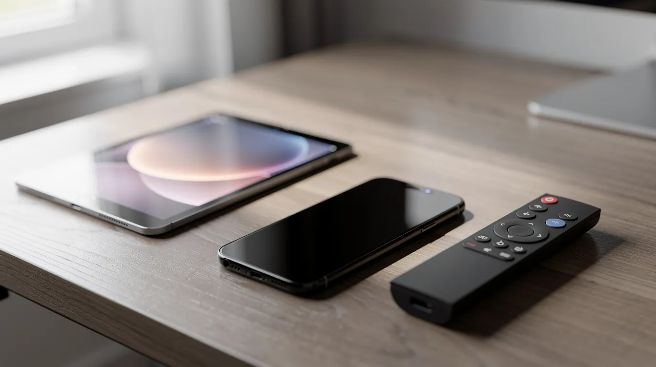 The image shows a smartphone, tablet, and television remote neatly arranged on a desk, symbolizing the various devices used for accessing internet protocol television (IPTV) services. This setup highlights the convenience for UK viewers to enjoy live TV channels and on-demand content from multiple devices.