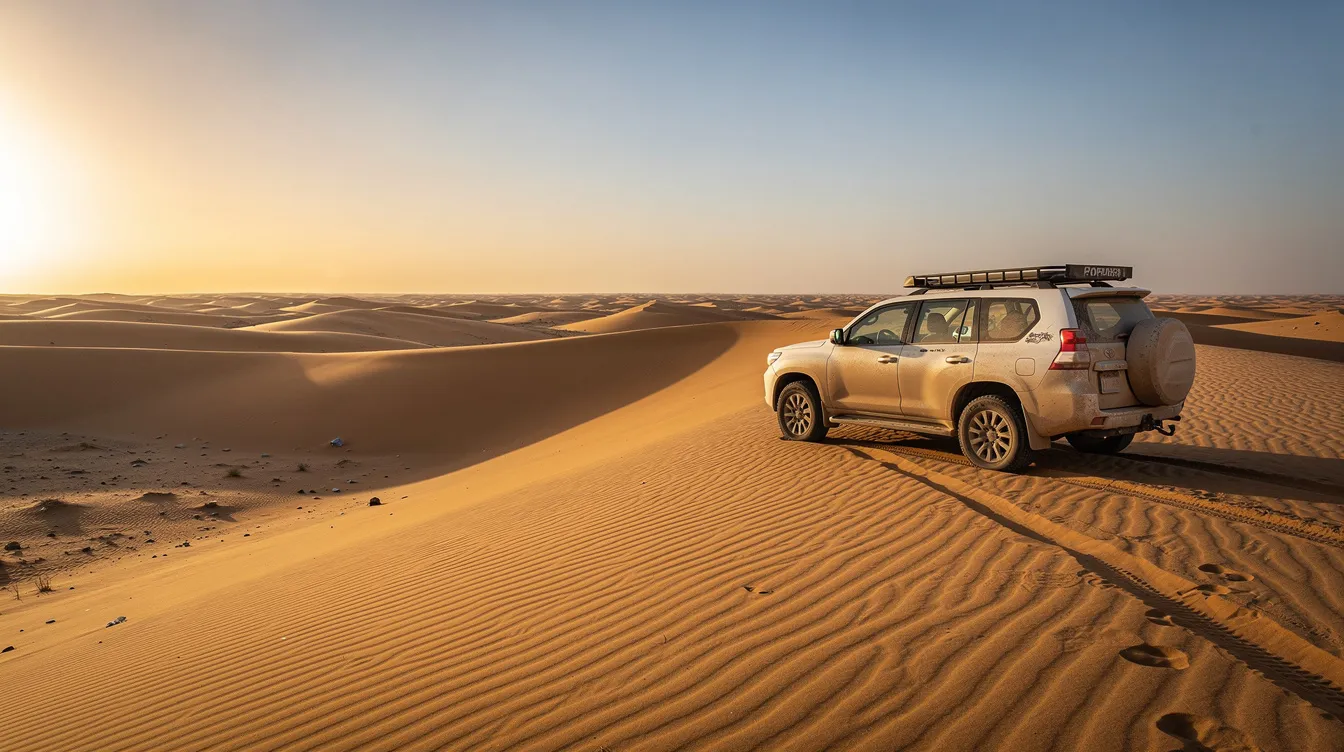 An SUV parked at the edge of golden sand dunes in the Moroccan desert.