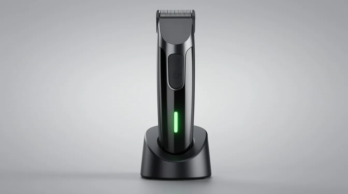 A cordless hair clipper is placed on its charging dock, with a green battery indicator light glowing, signaling that it is ready for use. This compact hair trimmer is designed for both home haircuts and professional barbers, offering cordless operation and a powerful motor for cutting hair of different lengths.