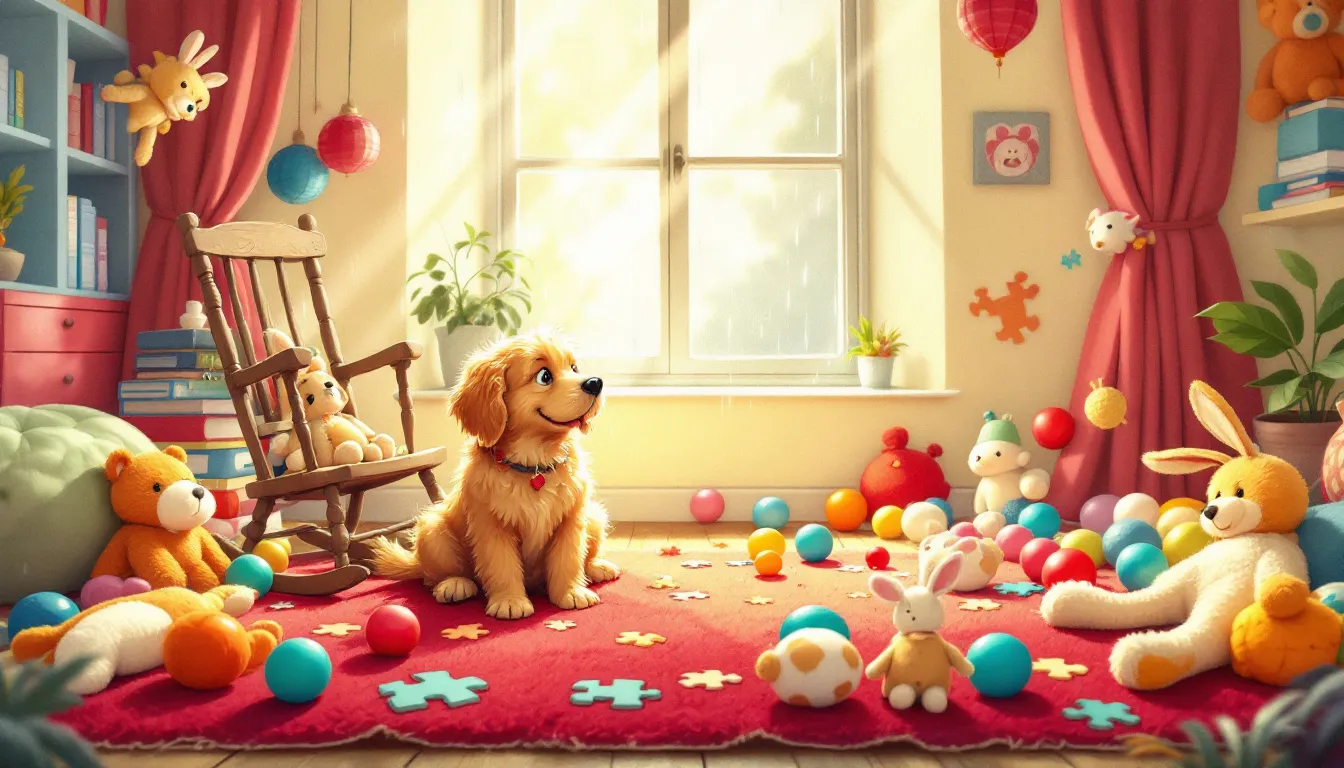 A dog playing indoor games on a rainy day, with toys scattered around.