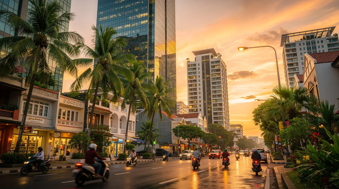 The image depicts a vibrant tropical cityscape of Jakarta, Indonesia at sunset, featuring modern skyscrapers silhouetted against a colorful sky, with palm trees adding to the tropical ambiance. This scene captures the essence of Indonesia time, contrasting with the time difference between Jakarta and London, UK.