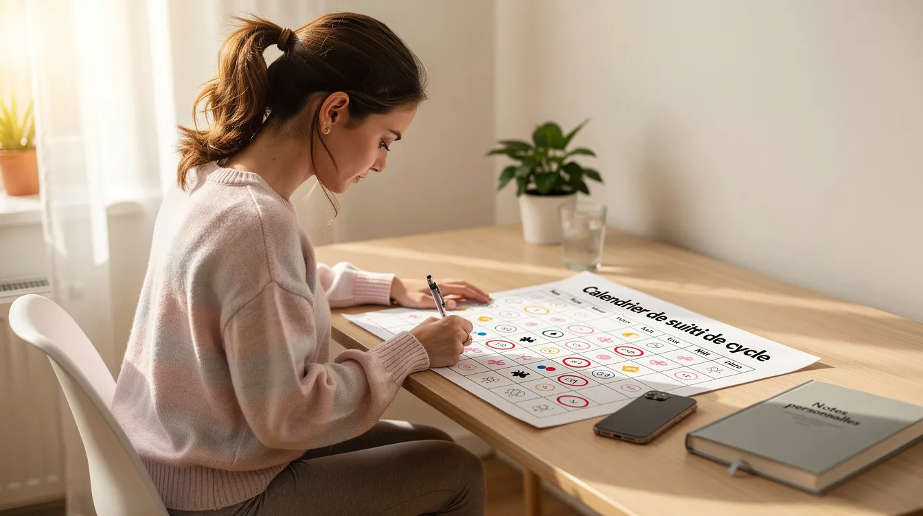Une femme est assise à une table, notant des informations sur un calendrier de suivi de cycle menstruel, probablement pour suivre ses ovulations et ses symptômes. Elle utilise cet outil pour mieux comprendre son cycle et les éventuelles tentatives de conception, en lien avec le phénomène de double ovulation.