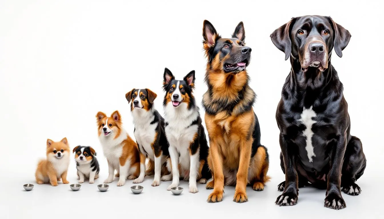 In the image, a variety of dogs, ranging from small breeds to large breeds, are lined up next to measuring spoons of different sizes, illustrating how much pumpkin can be safely added to a dog