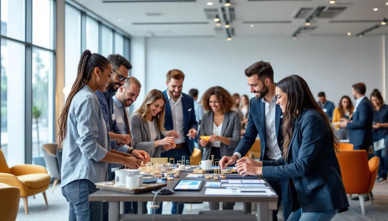 En la imagen se observa a un grupo de personas disfrutando de diversas actividades interactivas durante un evento empresarial, celebrando la inauguración de un negocio. Los asistentes participan activamente, creando un ambiente animado y propicio para establecer relaciones y compartir información sobre la marca.