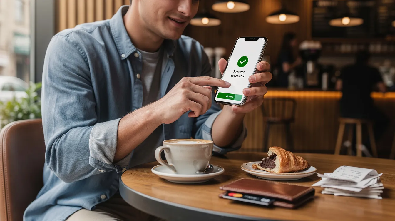 A person is seated at a coffee table, focused on their smartphone as they complete a financial transaction, possibly involving the use of an IFSC code for a bank in India. The scene captures the convenience of digital banking and money transfers in a casual setting.