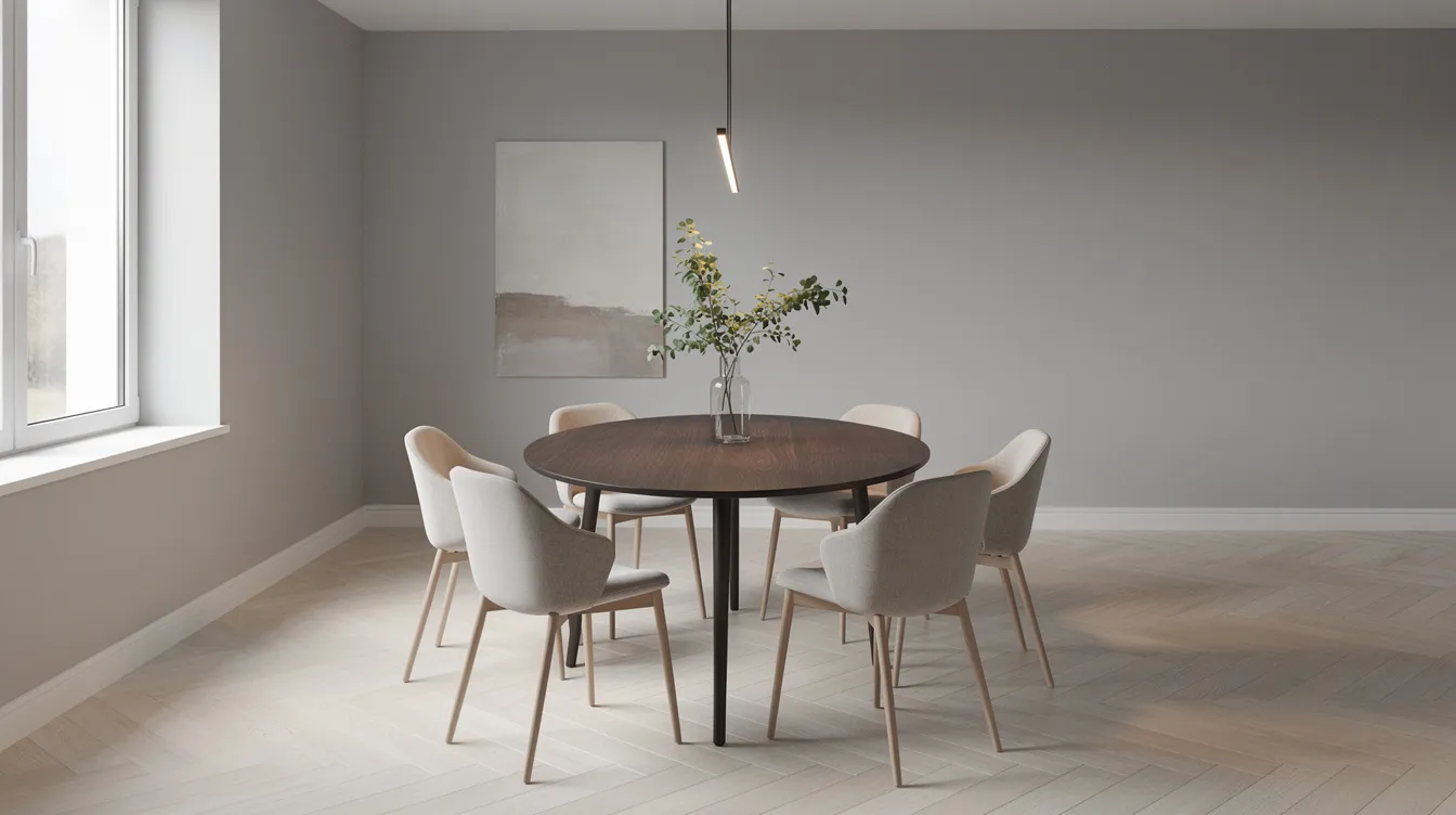 Ett mörkt ovalt matbord i valnöt står i ett stilrent matrum, omgiven av ljusa stolar som skapar en kontrasterande atmosfär. Bordet erbjuder en perfekt plats för sociala sammankomster och ger en elegant känsla till hemmet.