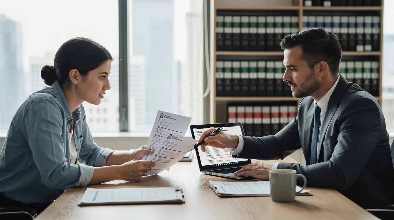 A person and a legal adviser are seated at a desk, both intently reviewing immigration documents together, highlighting the importance of expert immigration advice for navigating UK visas and immigration status. The focused atmosphere suggests a confidential session aimed at ensuring clients receive the necessary support for their immigration applications.