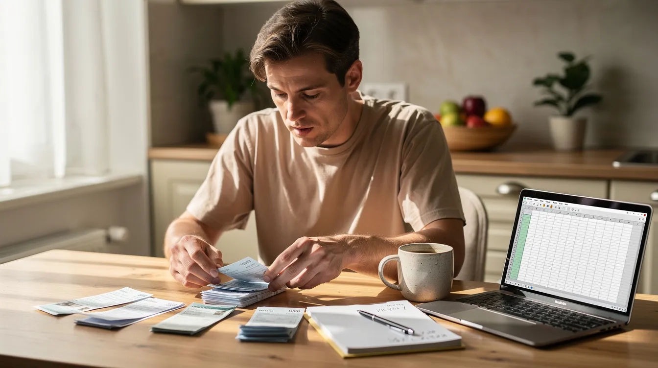 A person is seated at a kitchen table, surrounded by household paperwork, reviewing documents related to their financial situation. They appear focused, possibly assessing their eligibility for universal credit and other forms of financial support, such as housing benefit or employment and support allowance.