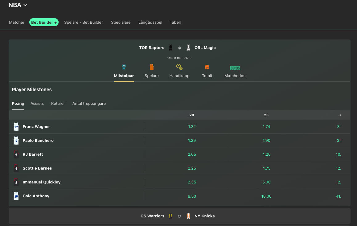 Bet builder för NBA hos bet365